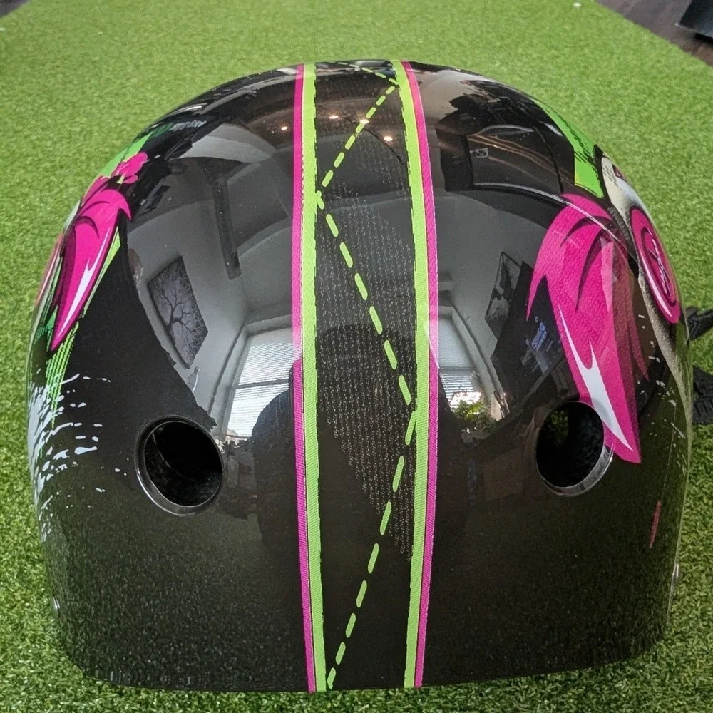 Punisher Jinx Skateboard/Skate Helmet Black with Pink & Green Graphic Design